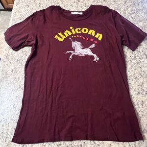 Urban Outfitters Maroon 'Unicorn' Graphic Tee with Yellow and White Print